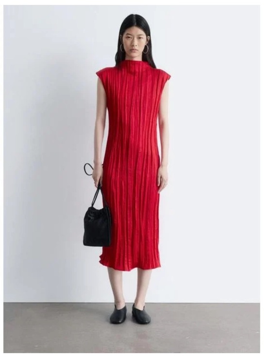 & Other Stories Dresses & Skirts - & Other Stories Red Crepe Pleated Midi Dress with High Neck, size medium